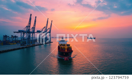 Container ship silhouette of industrial cranes concept. Silhouetted Container Ship Passing Under Towering Port Cranes at Sunset Container ship silhouette of industrial cranes concept. Silhouetted Container Ship Passing Under Towering Port Cranes at Sunset 123794759