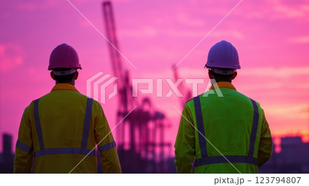 Container ship silhouette of industrial cranes concept. Silhouetted Port Workers Guiding Cranes During Vibrant Sunset 123794807