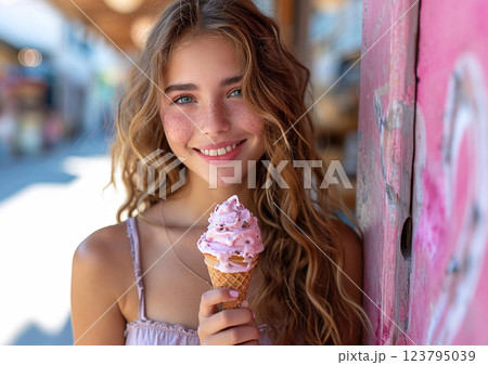 Happy cute teen girl with ice cream on sunny summer day.Macro.AI Generative. 123795039