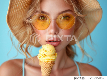 Young beautiful woman holding yellow ice cream and wearing summer hat on blue.AI Generative. 123795087