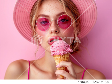 Young beautiful woman holding ice cream cone and wearing summer hat on pink.Macro.AI Generative. 123795090