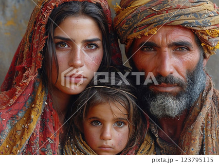 Portrait of refugees family tired from long journey.Macro.AI Generative. 123795115