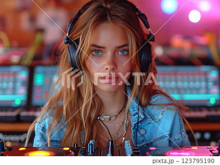 Beautiful young female dj with playing set ready to start disco party.Macro.AI Generative. Beautiful young female dj with playing set ready to start disco party.Macro.AI Generative. 123795190