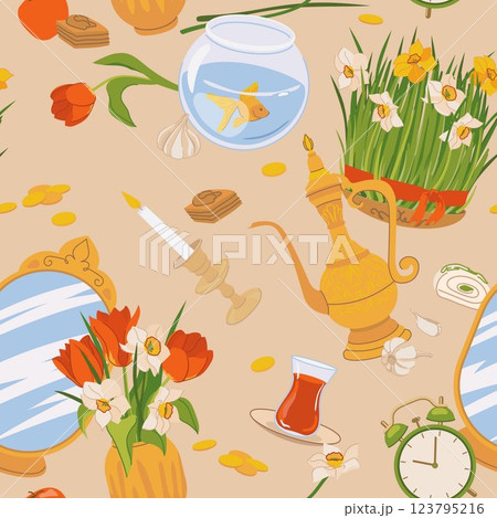 Seamless pattern for the spring equinox holiday Novruz in Azerbaijan and Iran. Background with Persian New Year symbols. Mirror, green wheat sprouts, fish, sweets, candle, tea, gold coins, flowers. 123795216