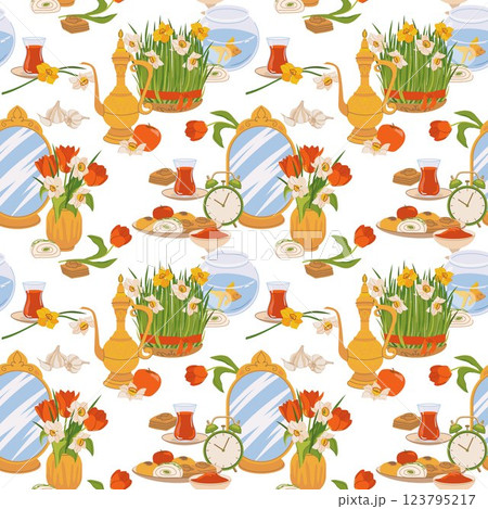Seamless pattern for International Day of Nowruz. Iranian New Year is a holy day and religious holiday of Zoroastrians and Baha'is. Mirror, green grass, sweets, candles, vinegar, flowers. Flat vector. 123795217