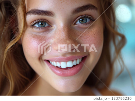 Beautiful young woman with perfect teeth and cute smile after dental check up visit.AI Generative. 123795230