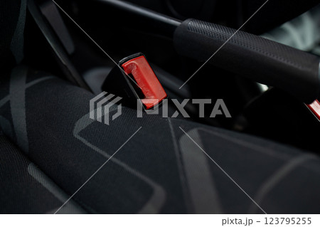 Car seatbelt buckle, close-up view. Car seatbelt buckle, close-up, red button. 123795255