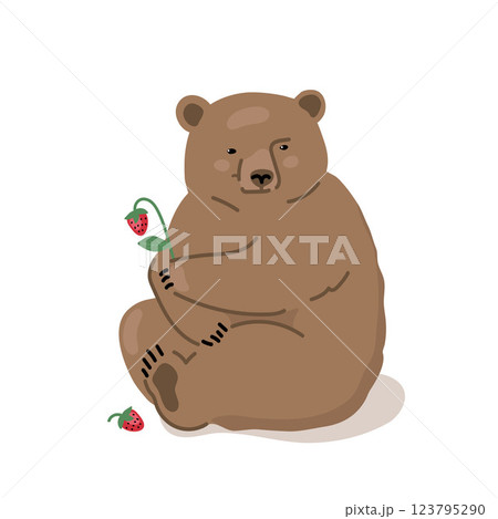 Brown bear holding strawberry berry in paw, cute flat vector illustration	 123795290