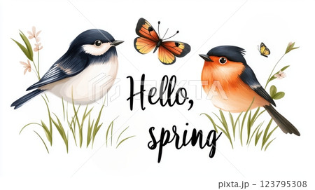 A beautiful illustration of two birds, surrounded by grass and small flowers, with the message Hello, spring! conveys a feeling of welcome and anticipation for the season of renewal. A beautiful illustration of two birds, surrounded by grass and small flowers, with the message Hello, spring! conveys a feeling of welcome and anticipation for the season of renewal. 123795308