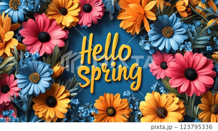 A vibrant digital illustration featuring the phrase Hello Spring in bright yellow text, surrounded by colorful flowers in shades of pink, blue, and orange, set against a deep blue background. 123795336