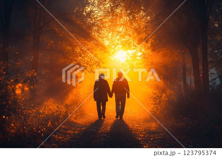 Elderly Couple Walking Through a Radiant Forest Path at Sunset - Nature, Romance, Tranquility Generative AI 123795374