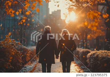Autumn Stroll: Senior Couple Walking Hand in Hand at Sunset for Autumn Love Concept Generative AI 123795375