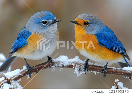 Vibrant Bluebirds on Snow-Covered Branch in Winter Wildlife Scene Generative AI 123795376