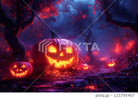 Halloween Night: Spooky Forest with Glowing Jack-o'-Lanterns for Seasonal Designs Generative AI 123795407
