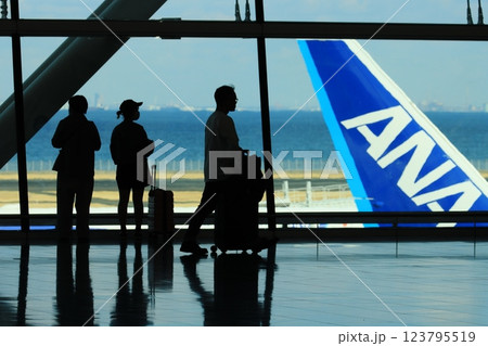 羽田空港第2ターミナル国際線エリアから滑走路を眺める利用客　滑走路を眺める利用客のシルエット 123795519