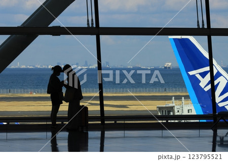 羽田空港第2ターミナル国際線エリアから滑走路を眺める利用客　滑走路を眺める利用客のシルエット 123795521