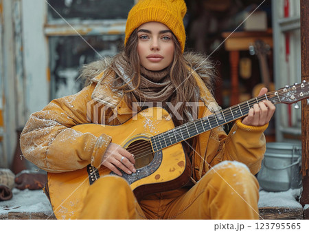 Beautiful female street musician singer with acoustic guitar wearing yellow.AI Generative. Beautiful female street musician singer with acoustic guitar wearing yellow.AI Generative. 123795565