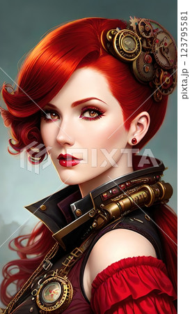 A young woman in a steampunk aesthetic, showcasing a blend of Victorian fashion and futuristic technology A young woman in a steampunk aesthetic, showcasing a blend of Victorian fashion and futuristic technology 123795581