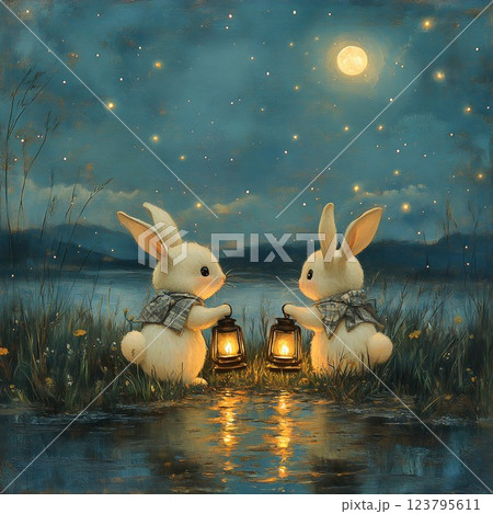 Bunnies carrying lanterns 123795611