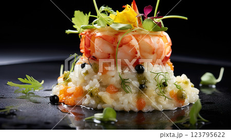 Colorful Seafood and Vegetable Rice Bowl 123795622