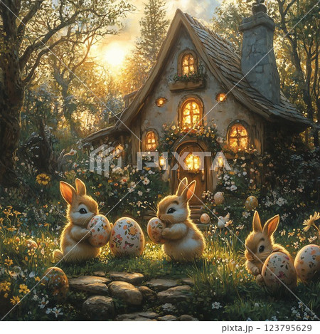 Bunnies in front of their house 123795629