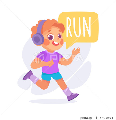 Boy Run in Headphones as Verb Study with Little Kid Demonstrating Activity Vocabulary Vector Illustration 123795654
