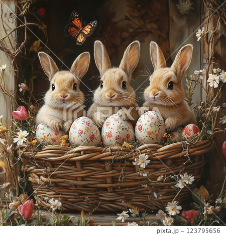 Three bunnies in a basket 123795656