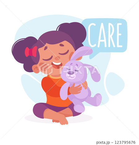 Girl Care of Bunny as Verb Study with Little Kid Demonstrating Activity Vocabulary Vector Illustration Girl Care of Bunny as Verb Study with Little Kid Demonstrating Activity Vocabulary Vector Illustration 123795676