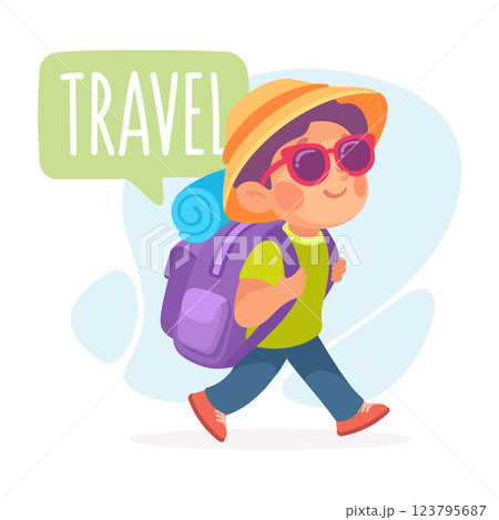 Boy Travel with Backpack as Verb Study with Little Kid Demonstrating Activity Vocabulary Vector Illustration Boy Travel with Backpack as Verb Study with Little Kid Demonstrating Activity Vocabulary Vector Illustration 123795687