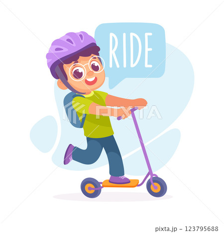 Boy Ride Scooter as Verb Study with Little Kid Demonstrating Activity Vocabulary Vector Illustration Boy Ride Scooter as Verb Study with Little Kid Demonstrating Activity Vocabulary Vector Illustration 123795688
