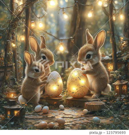 Bunnies in front of their house 123795693