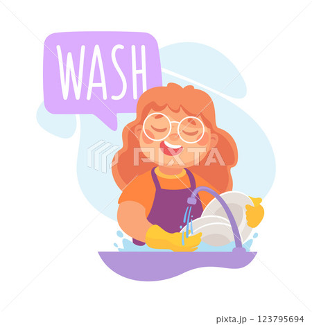 Girl Wash Dishes in Sink as Verb Study with Little Kid Demonstrating Activity Vocabulary Vector Illustration Girl Wash Dishes in Sink as Verb Study with Little Kid Demonstrating Activity Vocabulary Vector Illustration 123795694