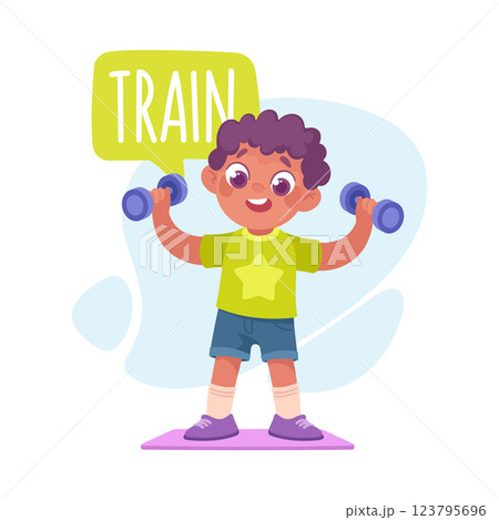Boy Train with Dumbbells as Verb Study with Little Kid Demonstrating Activity Vocabulary Vector Illustration 123795696