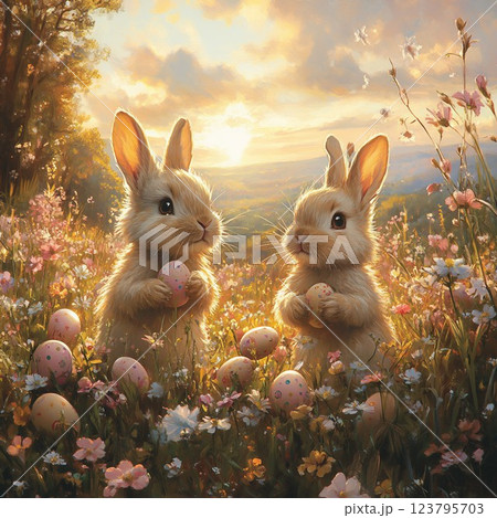 The bunnies are playfully hiding eggs 123795703