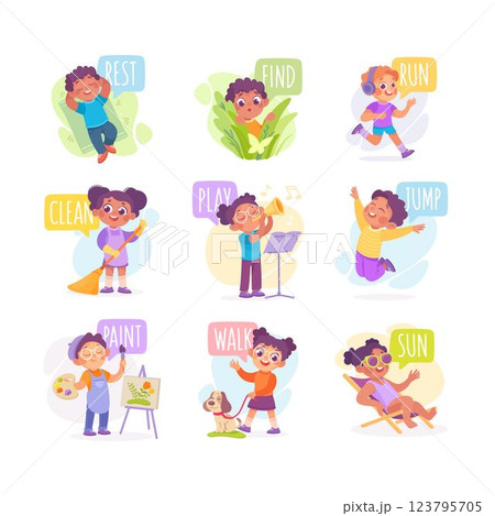 Verbs Study with Little Kid Demonstrating Different Activity Vocabulary Vector Set 123795705