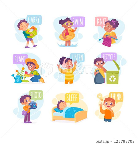 Verbs Study with Little Kid Demonstrating Different Activity Vocabulary Vector Set Verbs Study with Little Kid Demonstrating Different Activity Vocabulary Vector Set 123795708