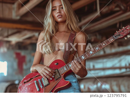 Beautiful young woman musician singer with electric guitar wearing bikini and jeans.AI Generative. 123795791