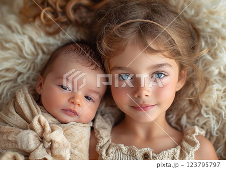 Cute beautiful little girl with newborn baby sister in warm beige tone clothing.Macro.AI Generative. 123795797
