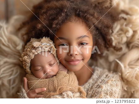 Cute little afro american girl with newborn baby sister in warm beige tone clothing.AI Generative. 123795822