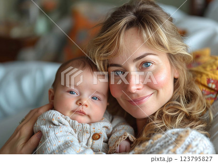 Happy young beautiful woman holding her first new born baby child. Happy motherhood.AI Generative. Happy young beautiful woman holding her first new born baby child. Happy motherhood.AI Generative. 123795827