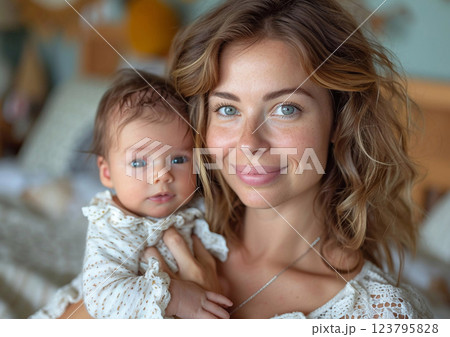Happy young beautiful woman holding her first new born baby child. Happy motherhood.AI Generative. 123795828