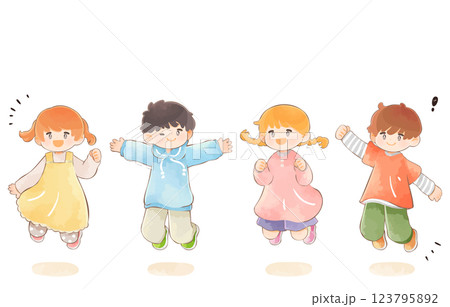 みんなでジャンプする子供たちのイラスト 123795892