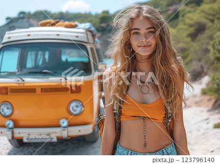 Young beautiful woman with hippie outfit and yellow vintage van on the beach.AI Generative. 123796140