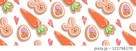 Cute Easter pattern with handmade cookies in form of bunny, carrot and egg. Festive gingerbread cookie with icing. Spring background for holiday greeting, invitation. Vector flat illustration. 123796170
