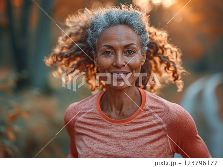 Senior age afro american woman running in large city central park on sunny summer day.AI Generative. 123796177