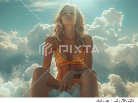 Young beautiful woman relaxing and dreaming in clouds with sky view and sun.Macro.AI Generative. 123796229