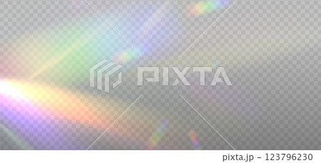 Iridescent crystal leak glare reflection effect. Optical rainbow ray lights, glare, leak, streak overlay. Vector colorful lenses and light flares with transparent effects on light background. 123796230