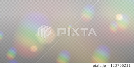 Rainbow sunbeams highlight on a light background with sparkles. Bokeh Glare or reflection from water. Glittering overlay for social media backgrounds, photo shots. Vector illustration. 123796231