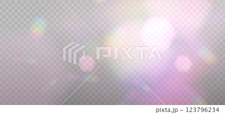 Pink blurred bokeh overlay template for holiday glowing. Rainbow reflection light prism effect on light background. Hologram glass dispersion, crystal flare overlay. Vector shimmer backdrop Pink blurred bokeh overlay template for holiday glowing. Rainbow reflection light prism effect on light background. Hologram glass dispersion, crystal flare overlay. Vector shimmer backdrop 123796234