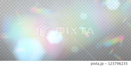 Cold spots of reflected sunlight. Rainbow reflection light prism effect on light background. Hologram glass dispersion, crystal flare leak shadow overlay. Vector illustration Cold spots of reflected sunlight. Rainbow reflection light prism effect on light background. Hologram glass dispersion, crystal flare leak shadow overlay. Vector illustration 123796235